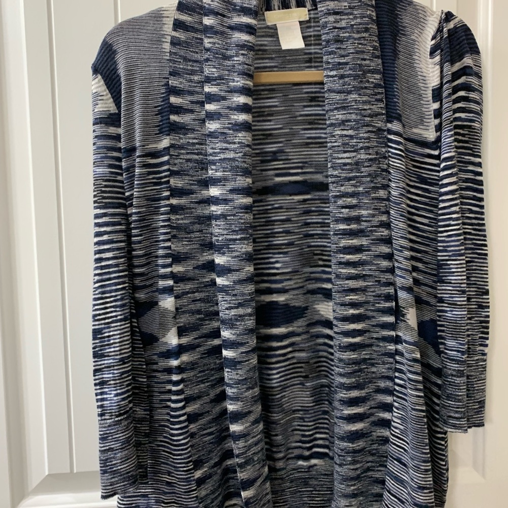 Christina knit top open cardigan sweater navy white PM Aztec design